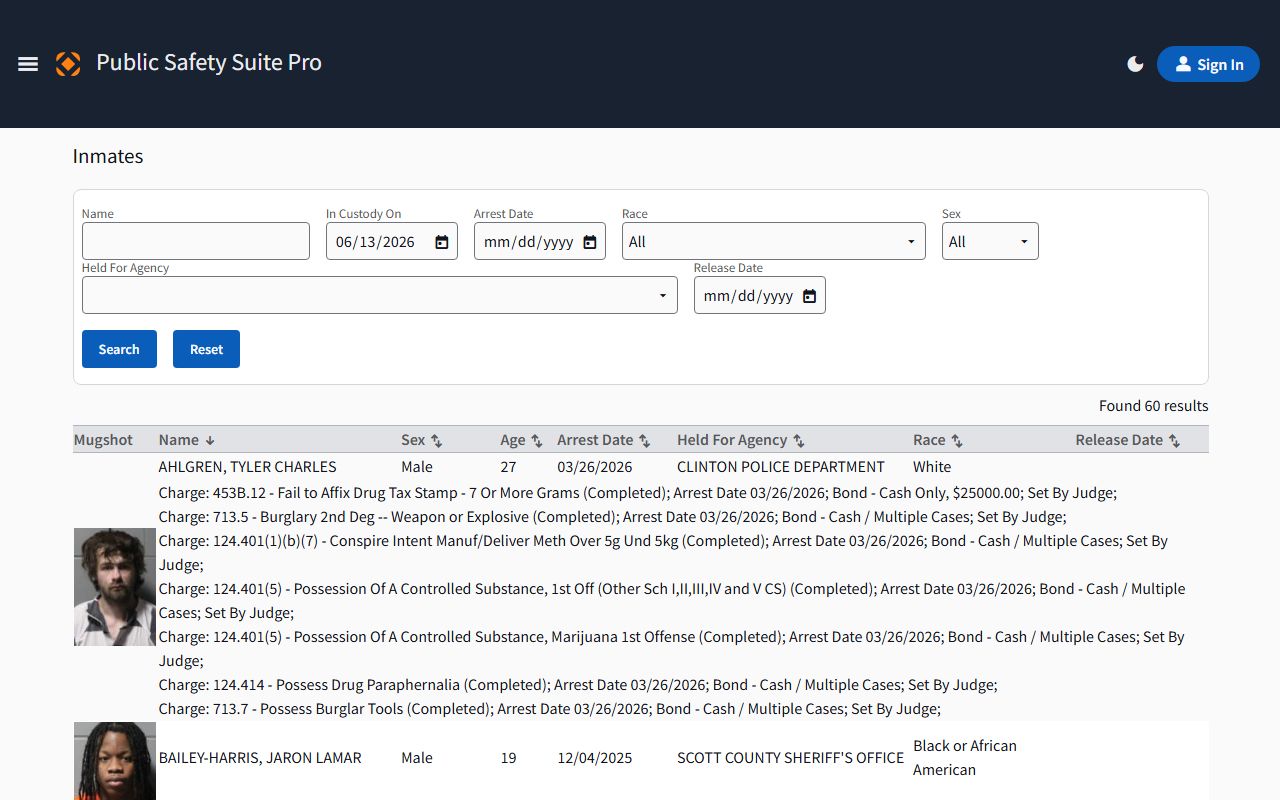 Clinton County inmate records roster search interface